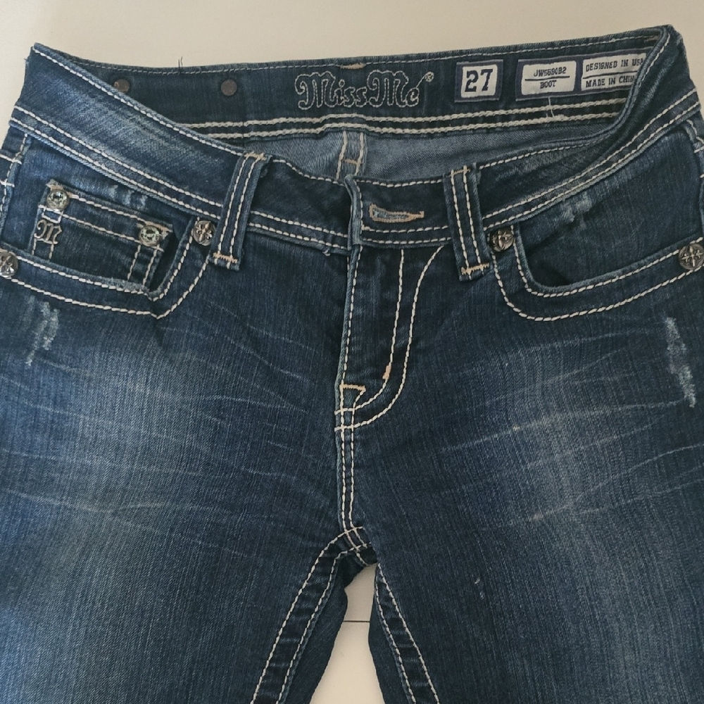 Miss Me Blue Boot Cut Jeans with Classic Distressing